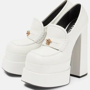 Versace White Leather Intrico Platform Heel Medusa Logo Loafer Pumps 36 $1375